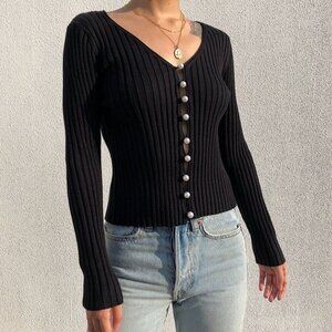 Line and Dot Y2K Black Ribbed Knit VNeck Cardigan Sweater Pearl Women Size Mediu